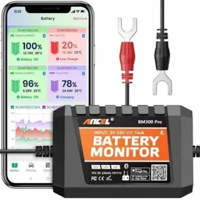 Product image showing a smart battery monitor device connected to a smartphone app displaying battery health, charging status, and cranking performance, alongside red and black terminal connectors.